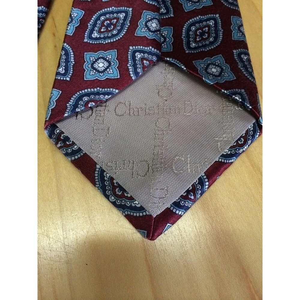 Christian Dior Men's Tie Maroon & Blue Print 100% Silk Neck Tie 3.5